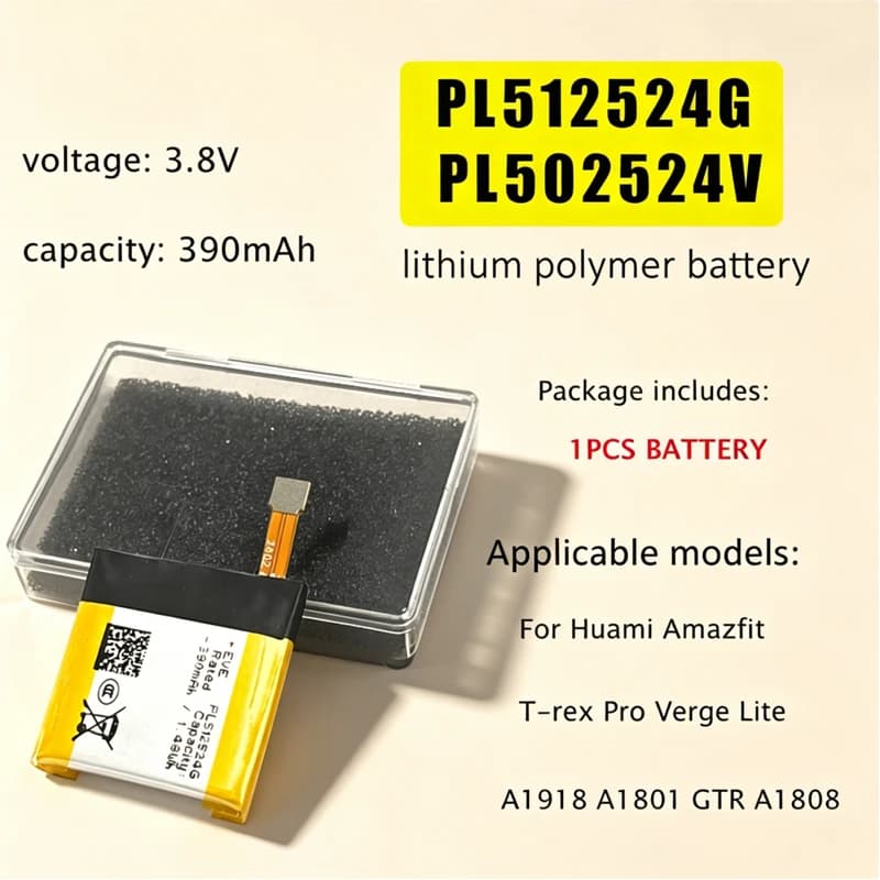 390mAh PL512524G PL502524V Replacement Battery for Huami Amazfit T-rex Verge Lite A1918 A1801 A1808 Smart Watch Batteries