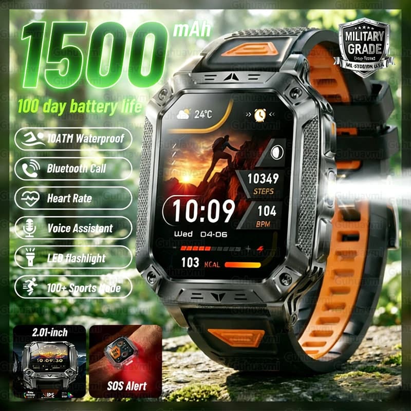 Military Grade Smartwatch 1500mAh, 100 Days Autonomy, 10ATM Waterproof, Bluetooth Calls, SOS Alarm, LED Flashlight, Sports Watch