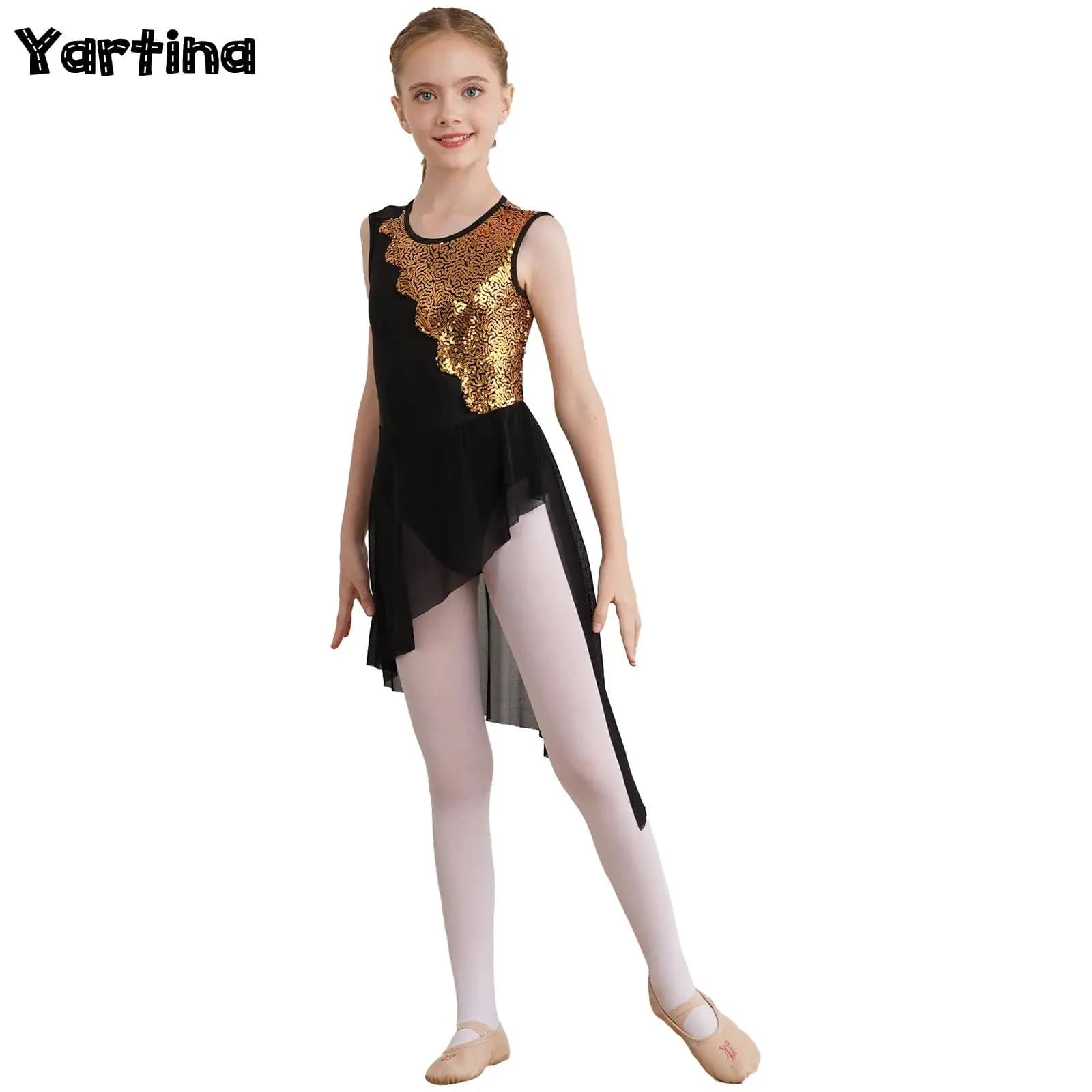 Kids Girls Ballet Tutu Skirt Lyrical Dance Dress Shiny Sequins Irregular Hem Modern Jazz Tango Rumba Contemporary Dance Dress