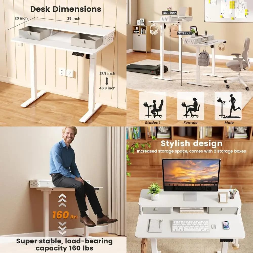 Scrivania Elettrica Regolabile Compatta, Scrivania Sit-Stand 35 x 20 con Impostazioni di Memoria e Ganci, Ideale per Home Office e Gaming (Bianca)