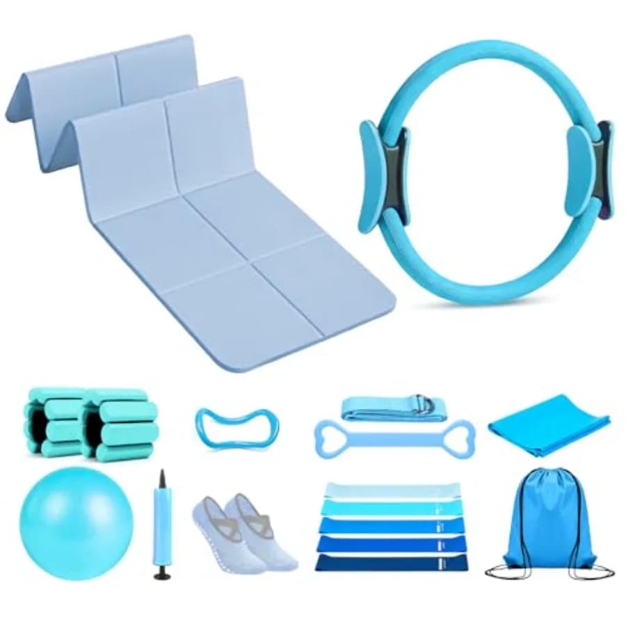 Set di Anelli per Pilates 15 Pezzi + Tappetino Yoga Pieghevole da Viaggio 72"x 32"x 0,32" Pollici, Kit Essenziale per Pilates Domestico per Donne