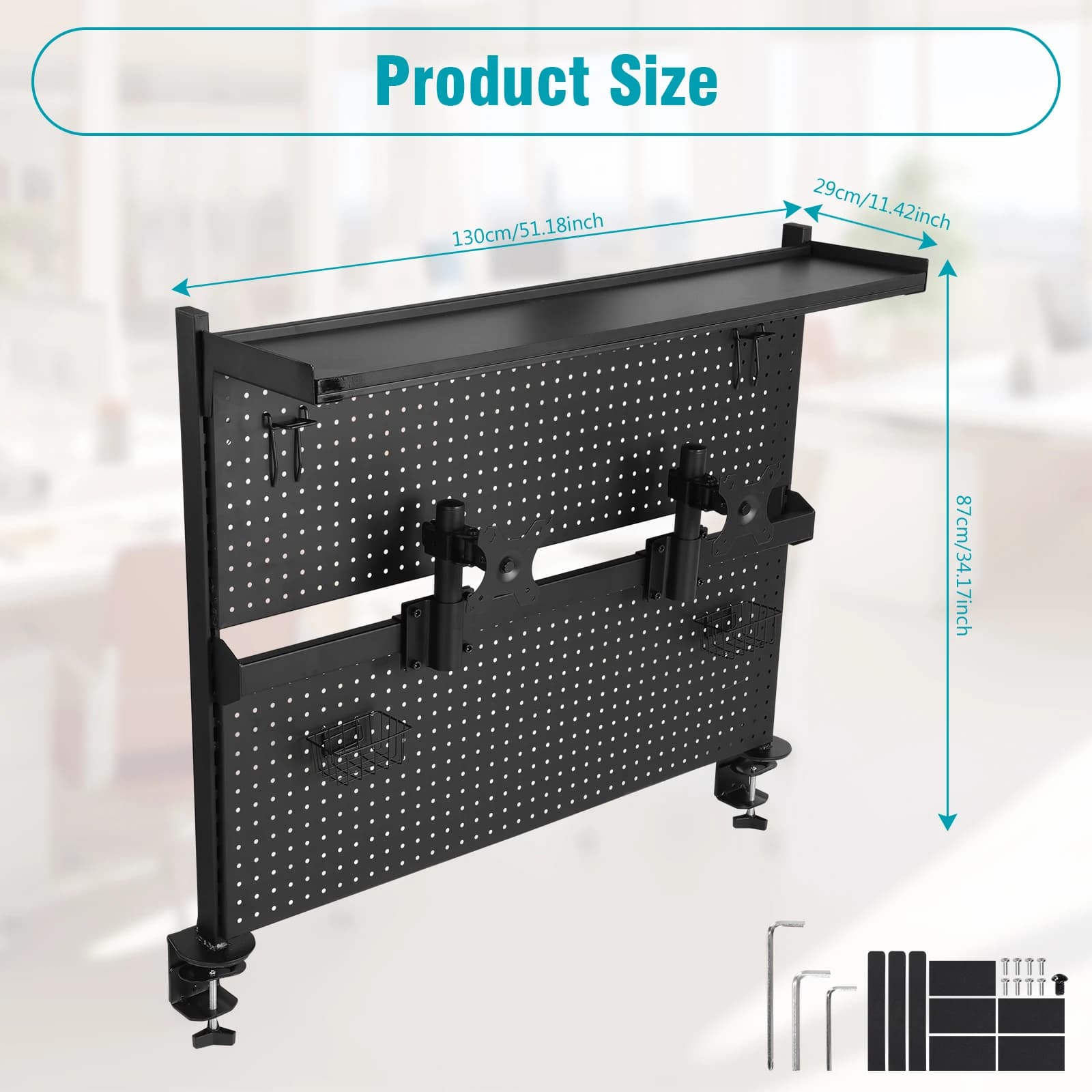 Metal Pegboard with Monitor Stands Computer Accessories Desktop Shelving System 51 X 34 Inch for Home Office Dorm Gaming Desk