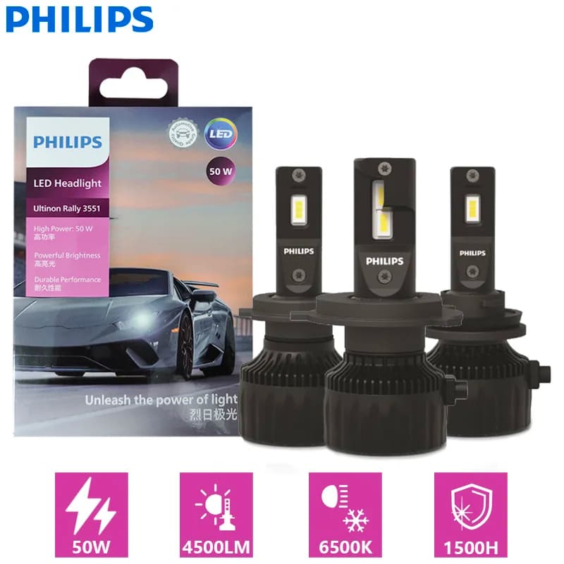 Philips Ultinon Rally 3551 LED H4 H7 HB3 HB4 HIR2 Max power 50W 4500LM Car light 6500K White Max Lumen Watt LED bulbs 2X