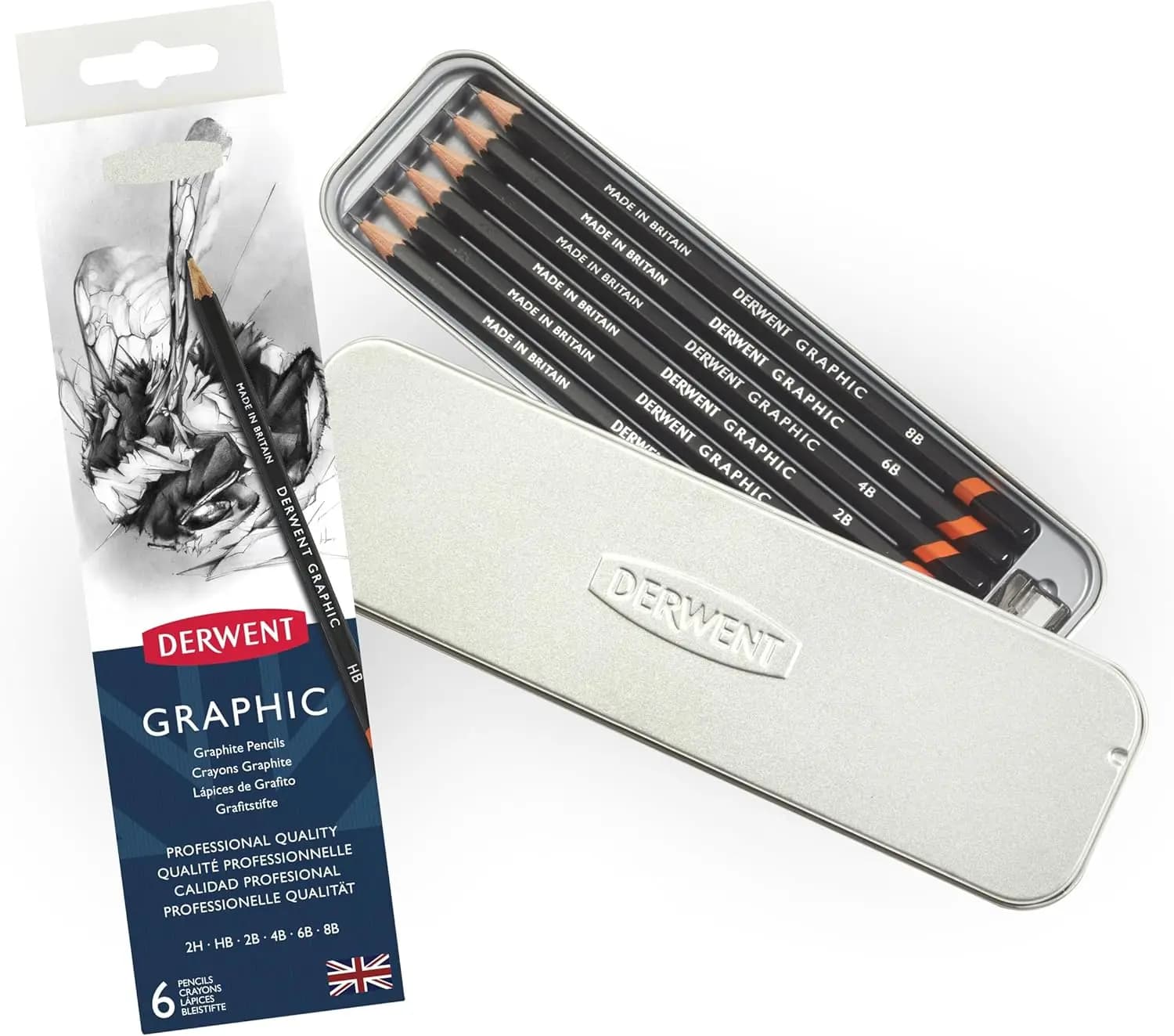 Professional Graphic Drawing Pencils Set of 6 with Tin & Sharpener, 8B to 2H