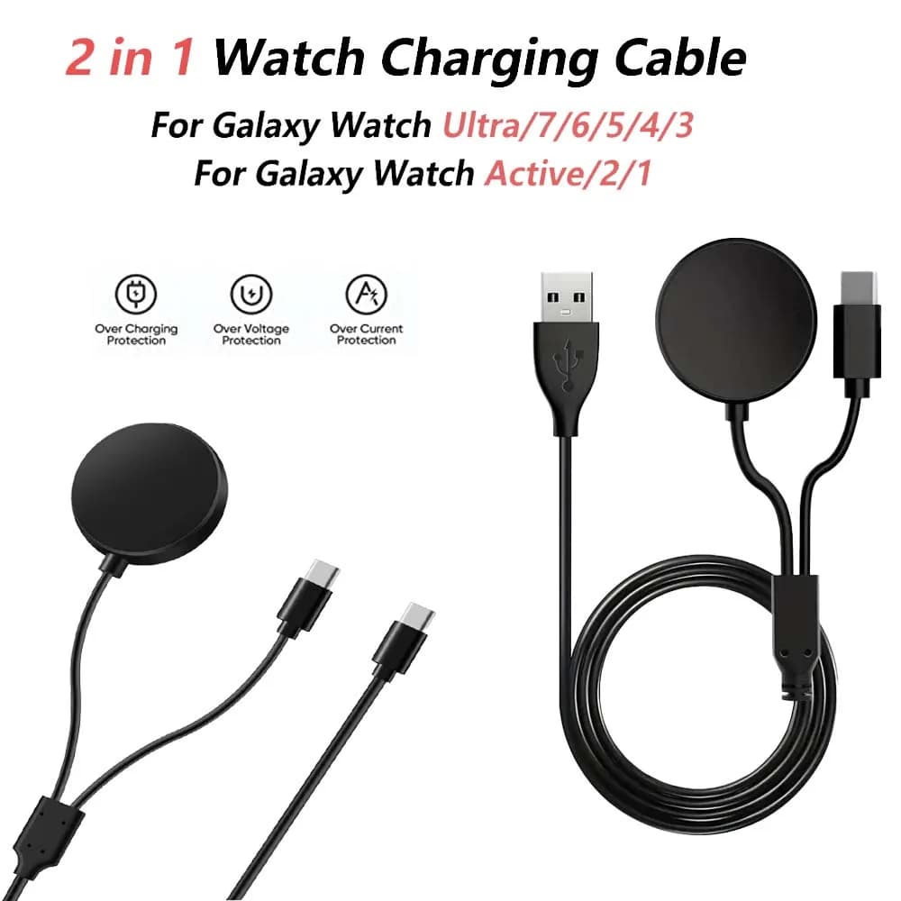 Cavo di ricarica rapida 2 in 1 USB-C per Samsung Galaxy Watch 7/6/5/4/3/2/1Classic Pro 5/4 Active Buds/Live/ S22/21/20/10/+Nero
