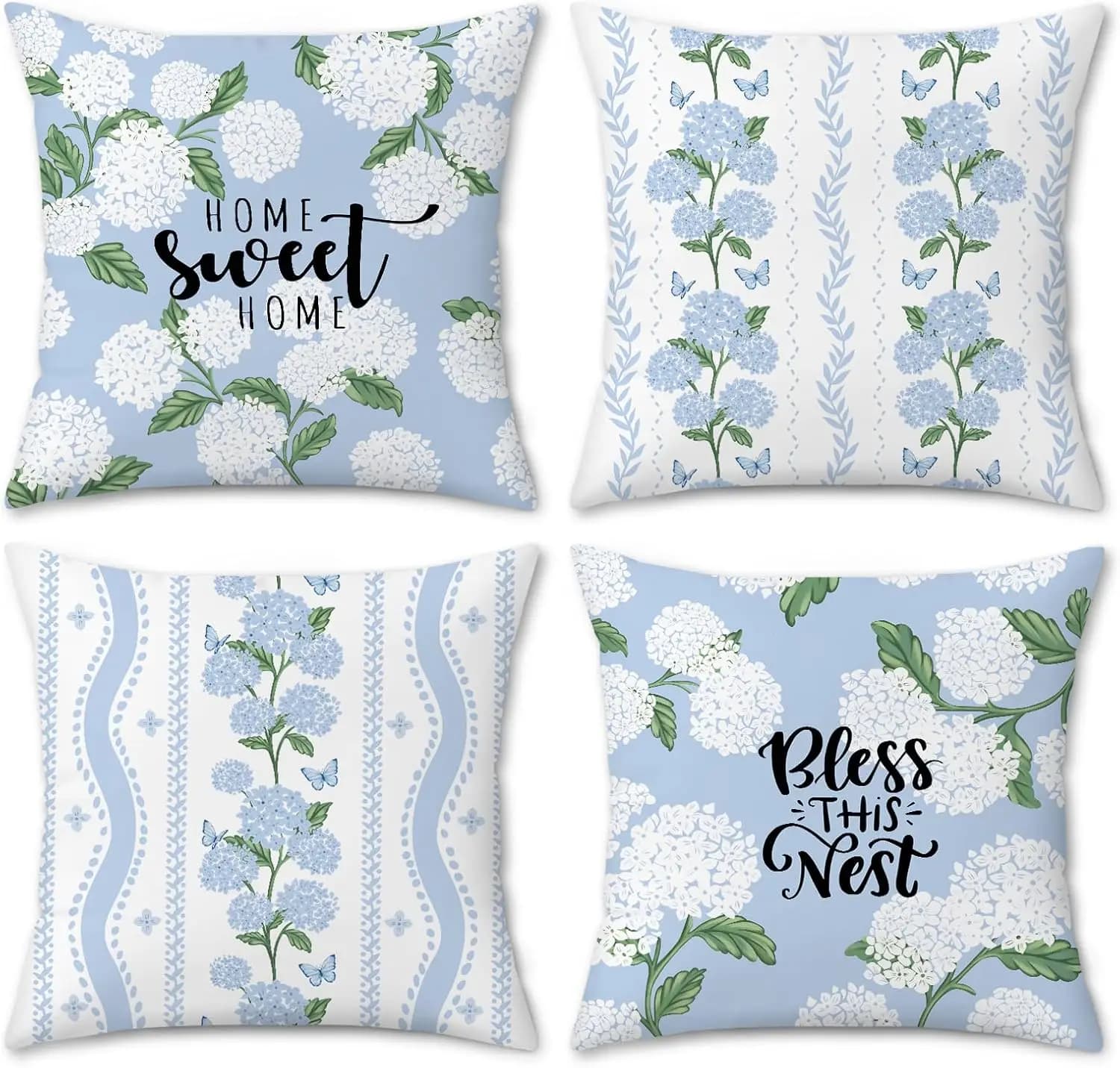 Double Sided Hydrangea Floral Pillow Covers Set Of 4, White Blue Flowers Butterfly Spring Summer For Sofa Couch Home Decor