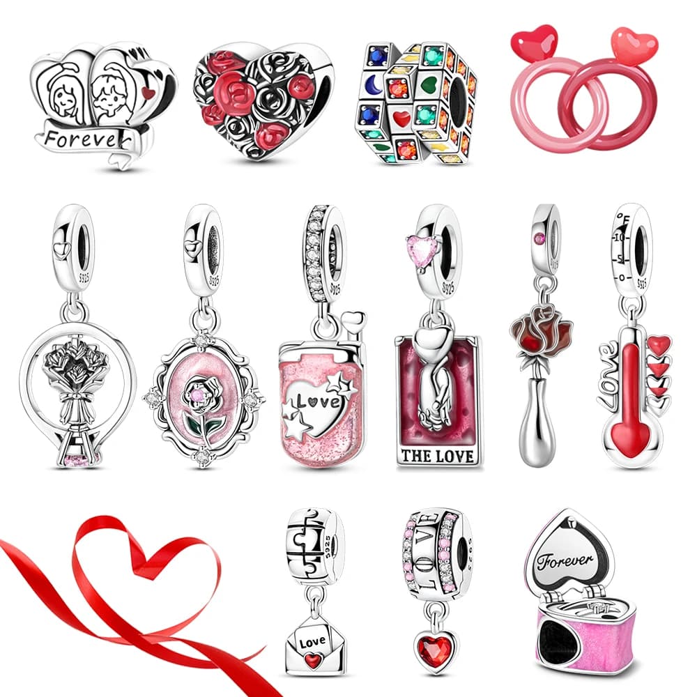 Romantico Charm in Argento Sterling 925 con Carte dei Tarocchi dell'Amore, Anello con Diamante, Bouquet di Rose Eterne, Adatto per Bracciali e Collane Fai-da-Te, Regali per le Festività
