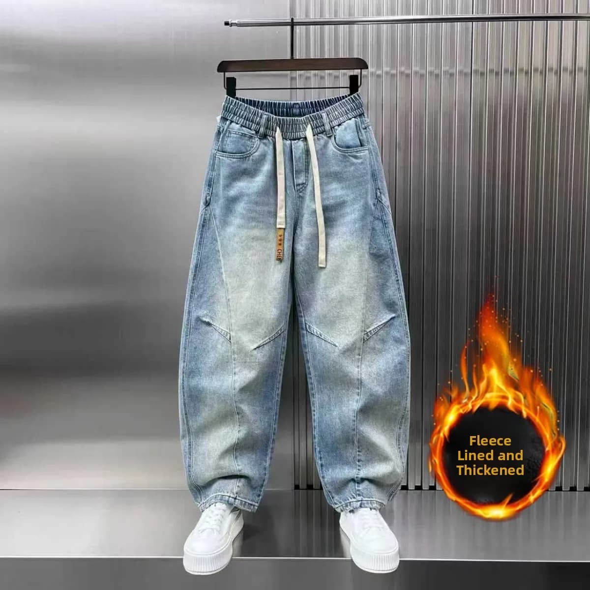 Men's Jeans Lined in Fce Color Uniform Casual Pants in Elastic Waist Autumn Winter Cotton Stretch Denim Fit Straight Leg