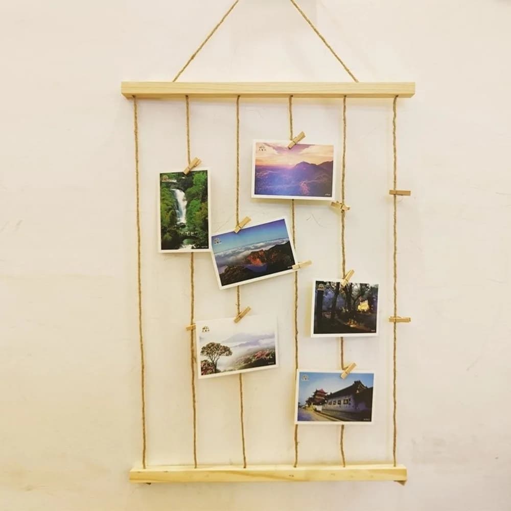 Hanging Photo Display Holder Handmade Wood Splint Picture Frames Multiple Pictures Hangers Picture Board Collage Wall Decor