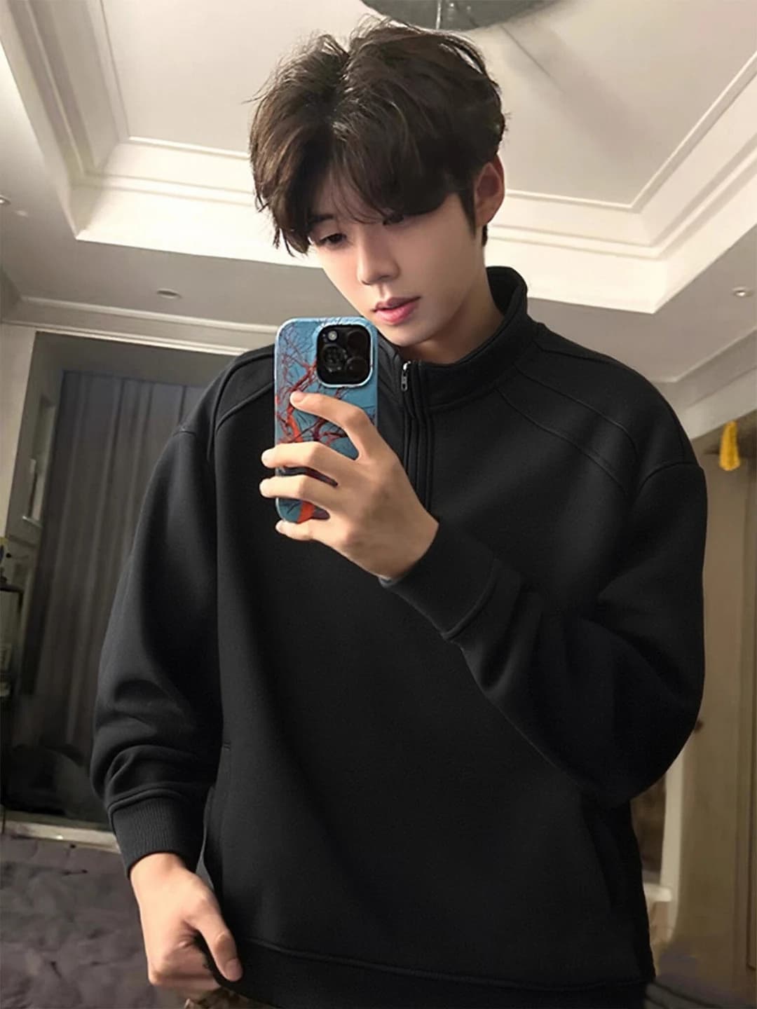 Men's Fce Lined Hoodie Jaet Zipper Stand Collar Inner Wear Autumn Winter Thiened Sweatirt Casual Comfortable Polyester