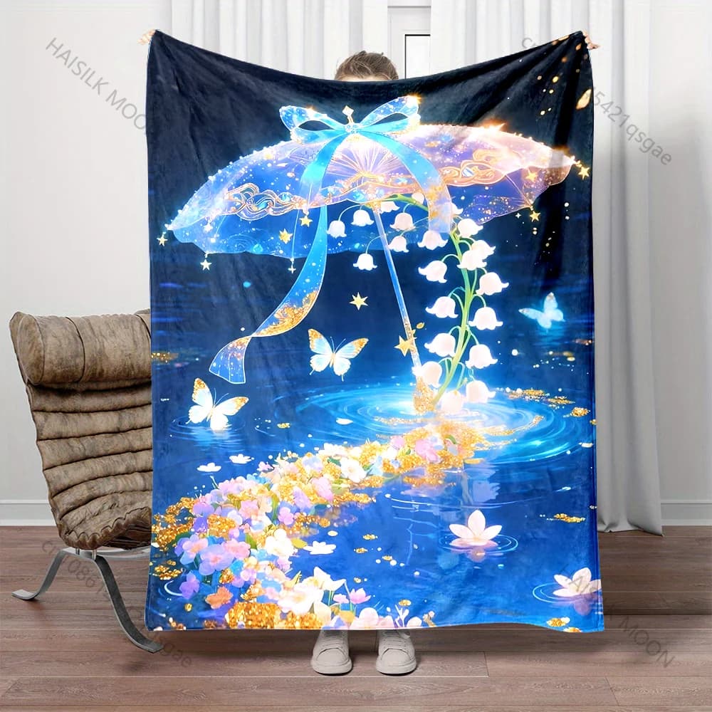 Coperta con stampa di ombrelli e farfalle, calda, morbida e soffice, per bambini e adulti, per divano, letto, viaggi all'aperto, campeggio, camper