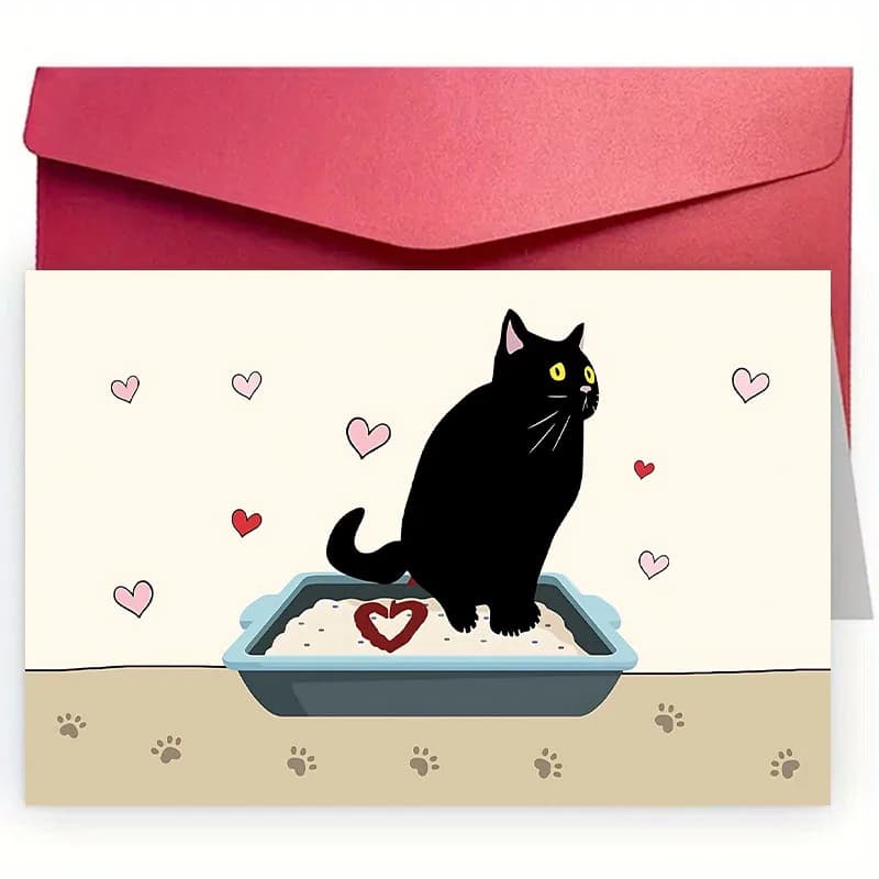 A charming Valentine's Day card with a cute black cat design on the litter box, suitable for male/girlfriend romantic surprises