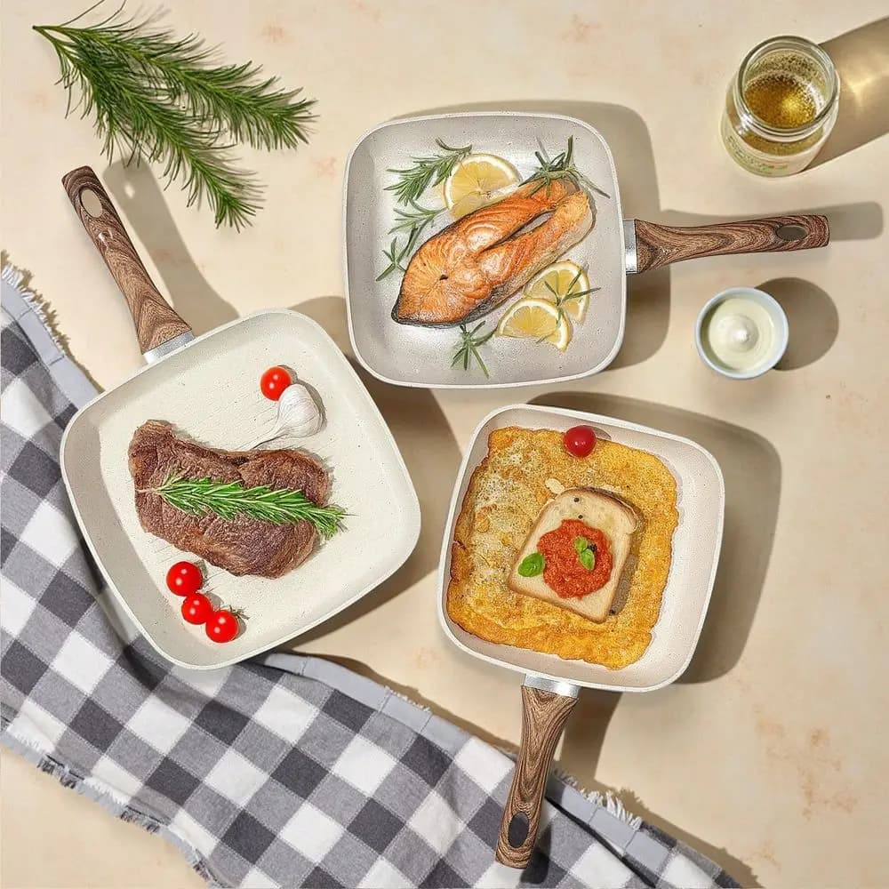 Nonstick Frying Pan Skillet Set, 3 Piece Square Grill Pans With Stay Cool Handle & Free, Compatible With All Stovetops (9