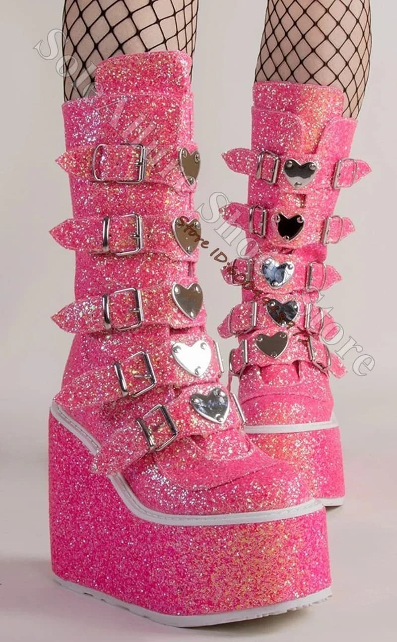Glitter Multi Heart Buckle Wedge Platform Boots Vertical Adjustable Strap Tall Knee Sweet Goth Booties Punk Boots
