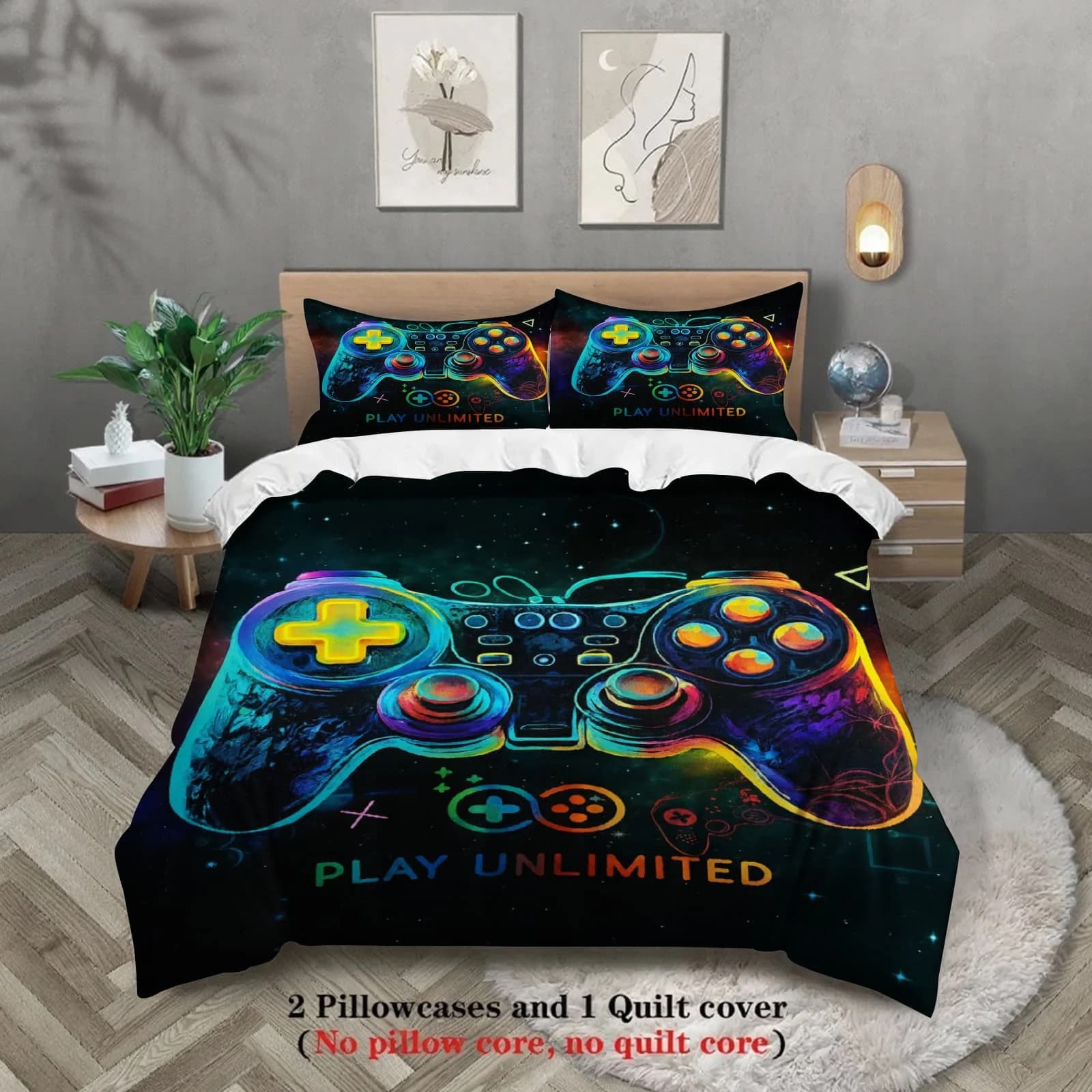 Set copripiumino con stampa Galaxy da 3 pezzi, controller "Play Unlimited", per bambini, regalo, 100% poliestere, morbido, traspirante, per la decorazione della camera da letto