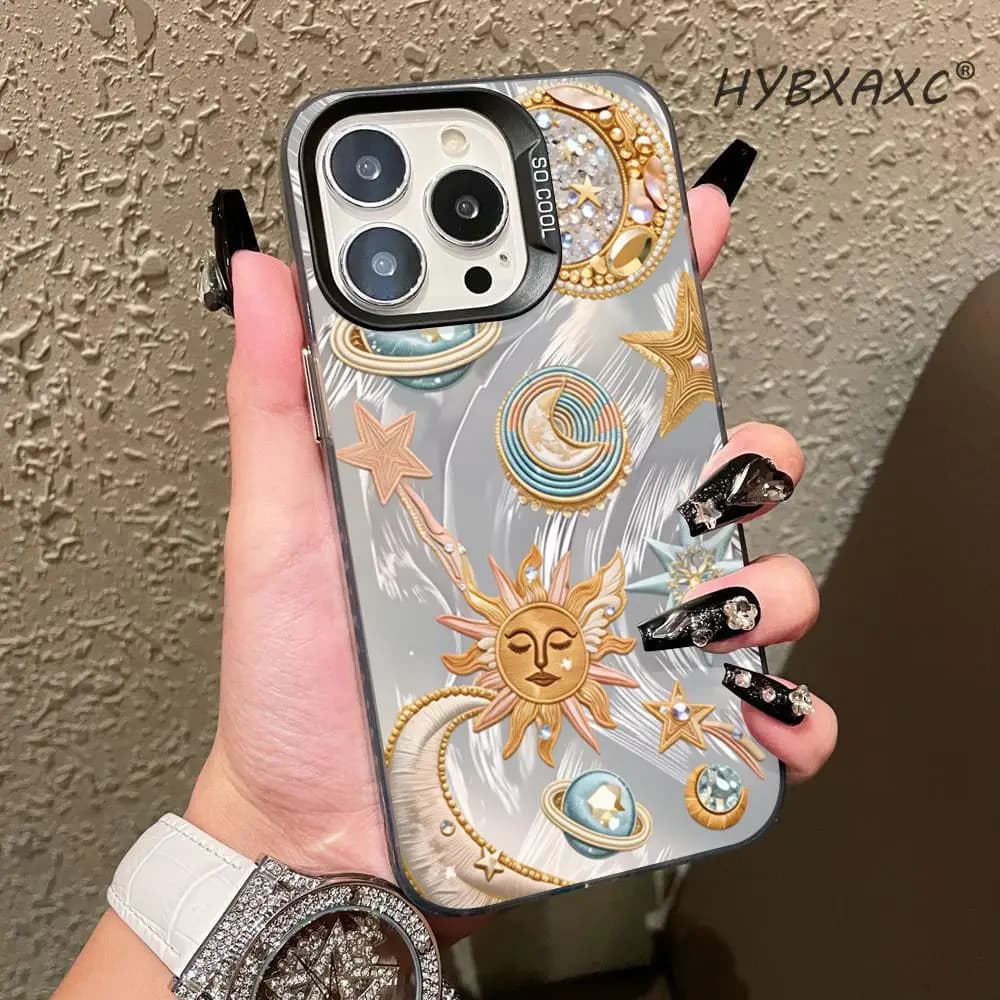 Custodia in Silicone TPU Stampata con Stelle, Luna, Sole e Pianeti Oro Rosa Blu per iPhone 17 16 15 14 13 12 11 Pro Max X XR XS 15 Plus 16E