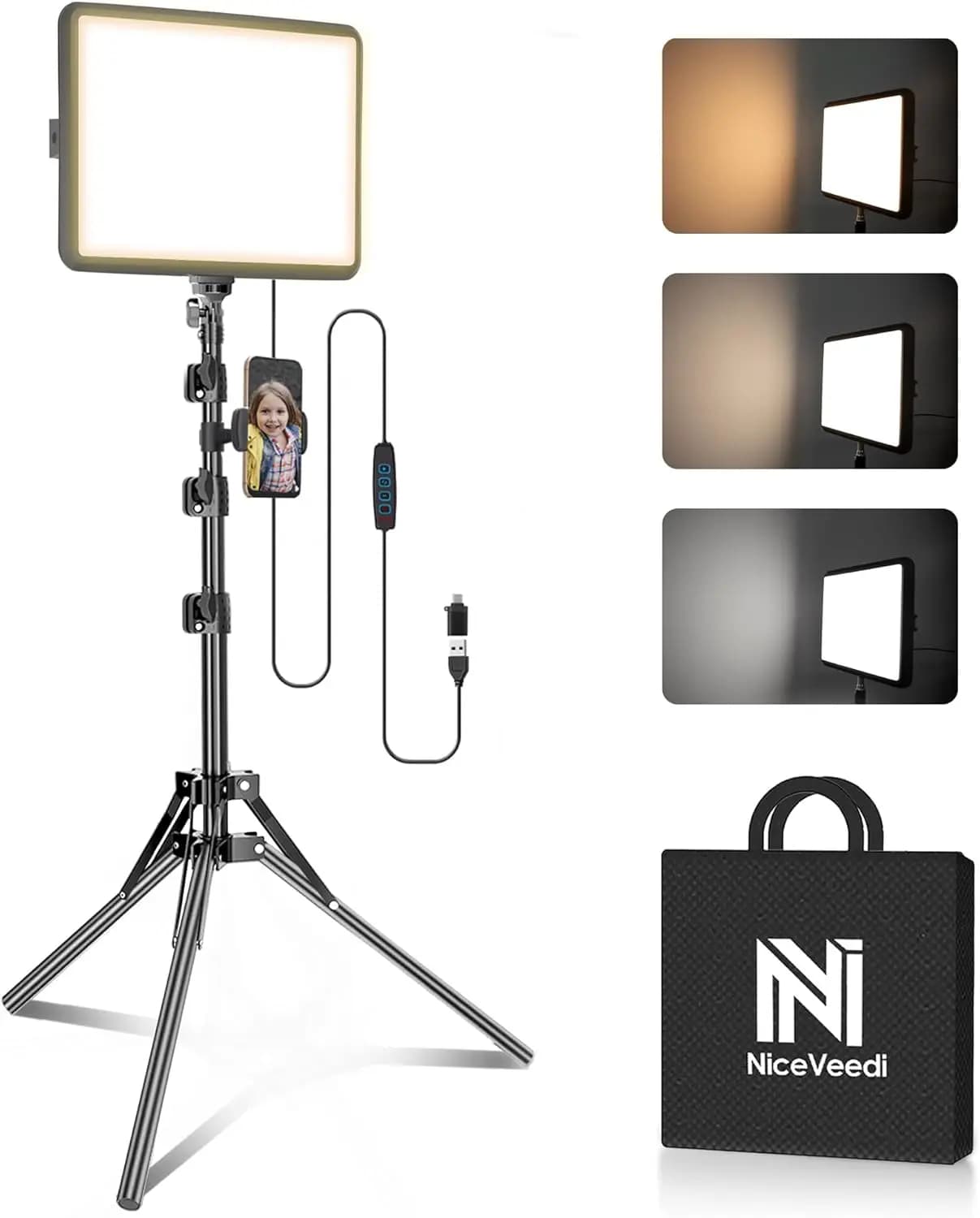 Professional LED Lighting Kit Bicolor for Video, Dimmable Studio Light with Tripod and Phone Support for Recording and Streaming