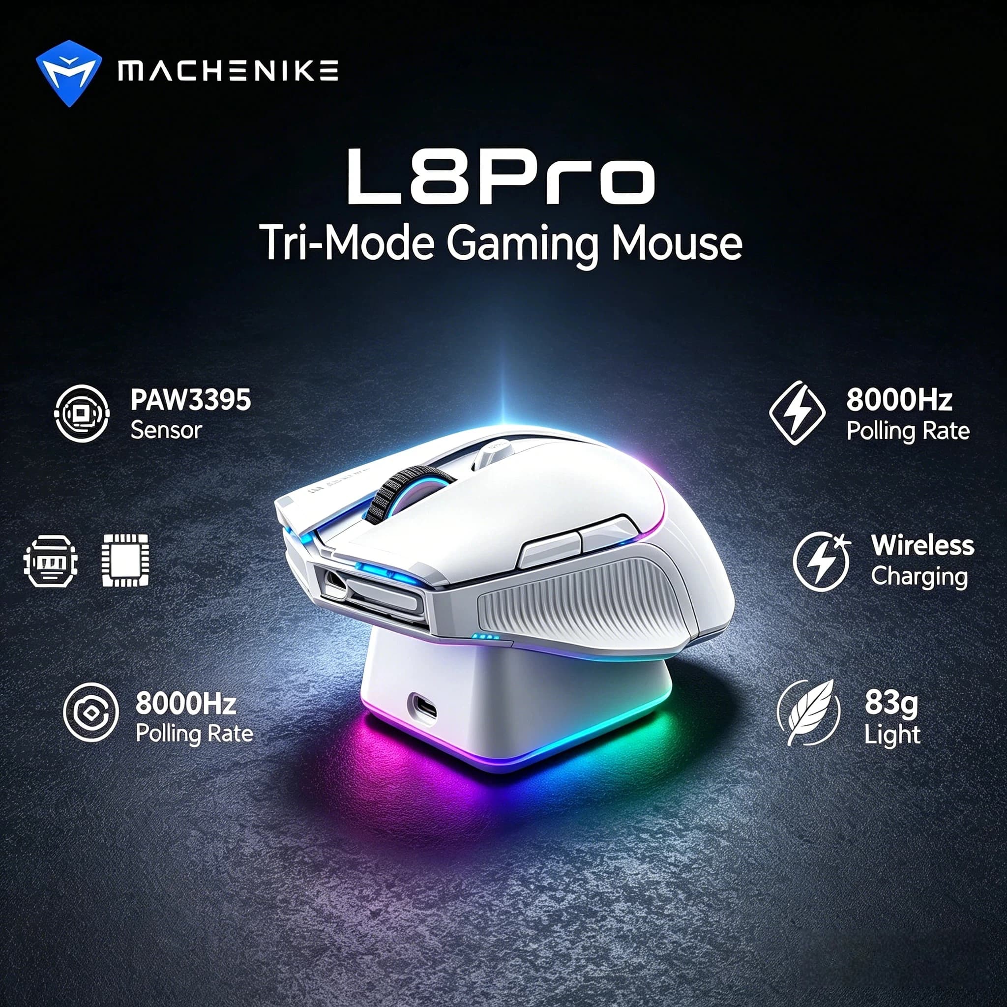 MACHENIKE L8 PRO 8K Gaming Mouse PAW3395 Sensor 8000Hz Tri-Mode Wireless 26000DPI 83g Lightweight Rechargeable RGB Gamer Mice