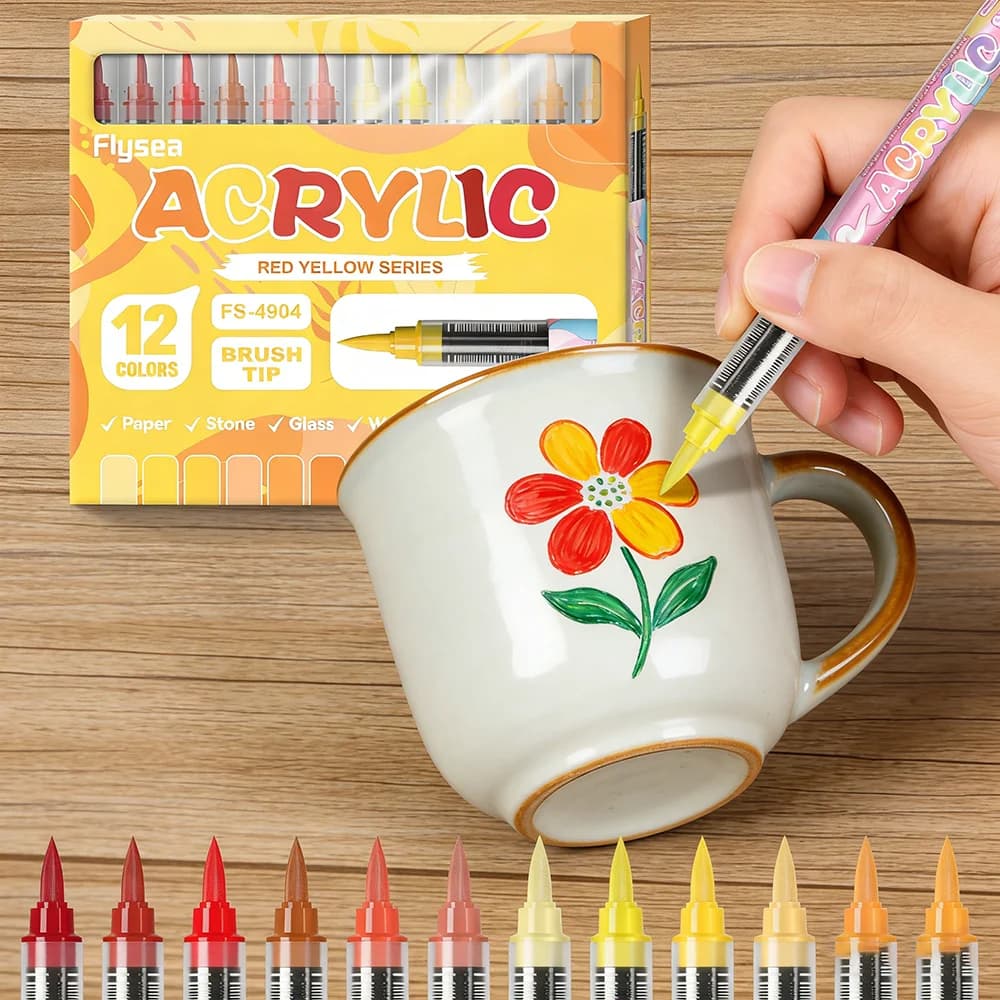 Pennarelli a pennello acrilico serie rosso giallo Penne per pittura artistica con punta flessibile per libri da colorare per adulti Pittura rupestre Vetro ceramico tela