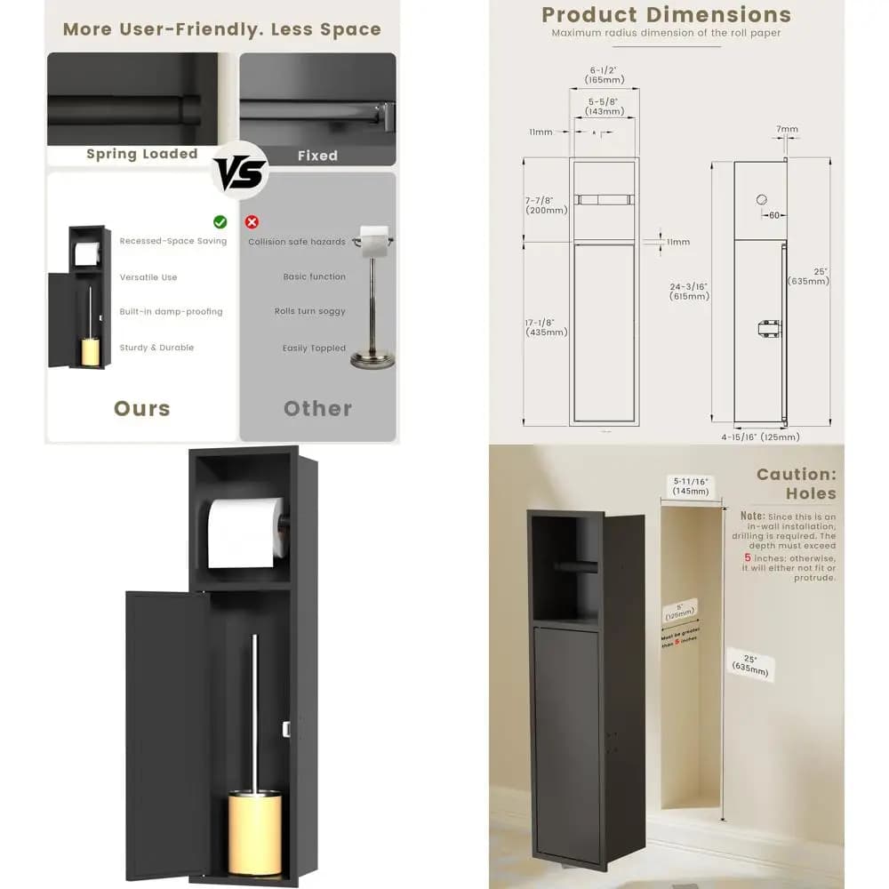 Portarotolo e Portascopino da Incasso, Nero Opaco, Acciaio Inossidabile 304, Mobiletto Contenitore per Bagno
