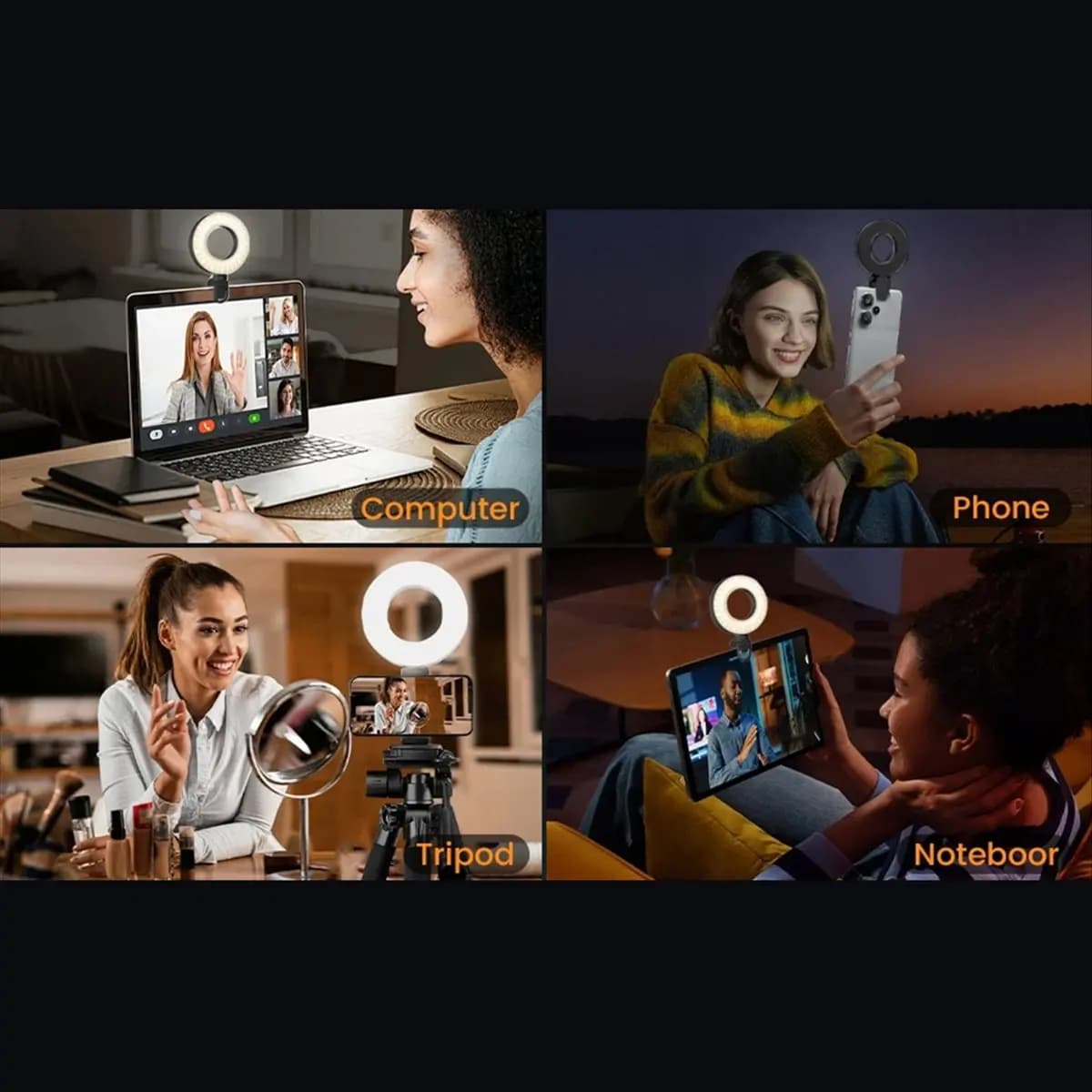 Luce di riempimento per telefono cellulare superiore, luce per selfie a LED con ancoraggio per trasmissione in diretta, luce per foto, anello luminoso per videoconferenze per laptop nero