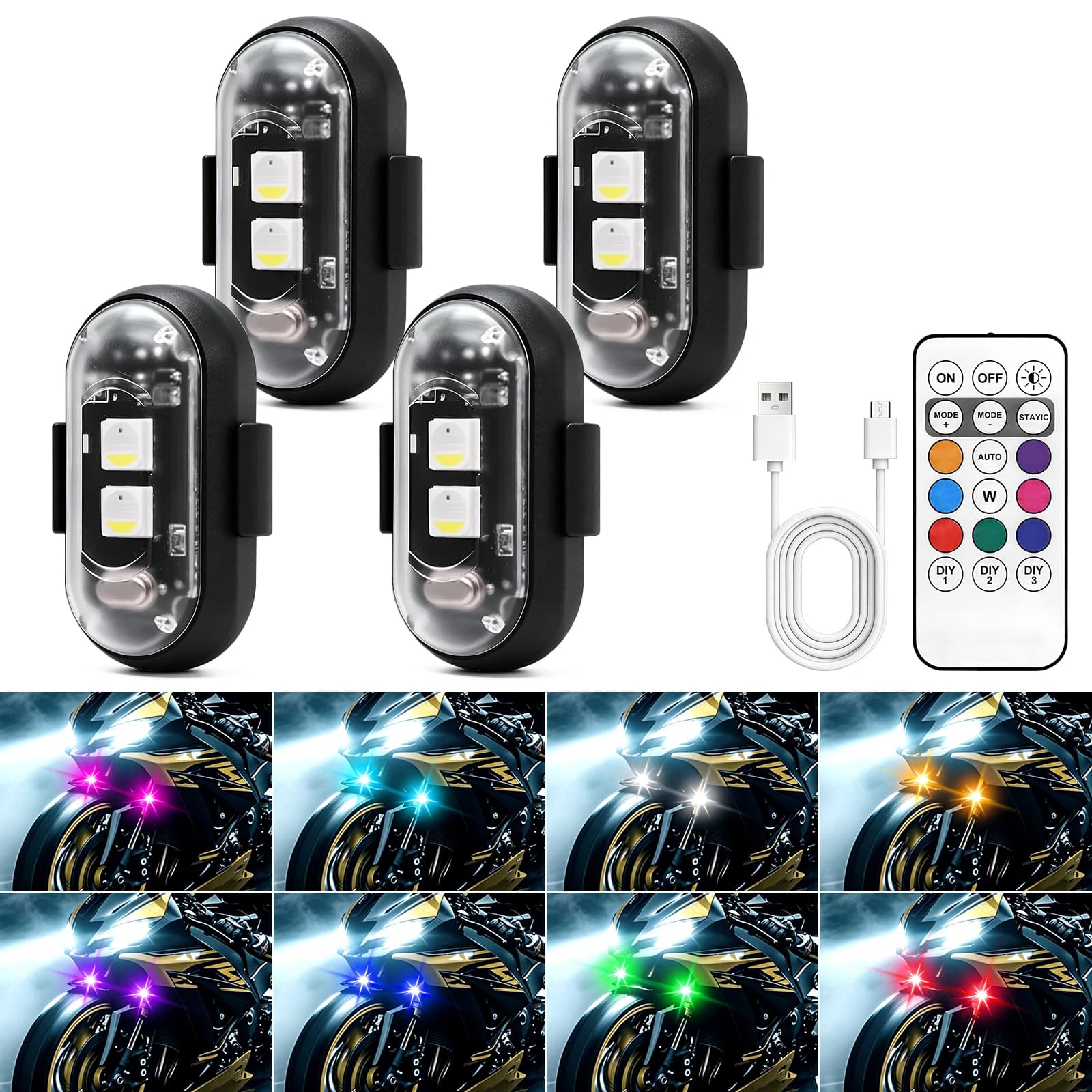 2-8pcs Wireless RGB LED Aircraft Strobe Light Remote Control USB Motorcycle Drone Flashing Anti-Collision Atmosphere Light