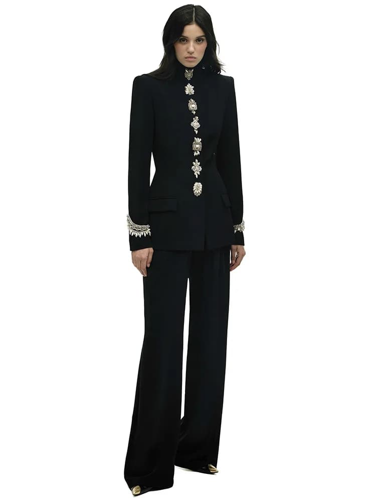 Completo da Donna di Alta Moda 2026, Giacca con Colletto Alto e Pantaloni Decorati con Perline e Diamanti, Set 2 Pezzi