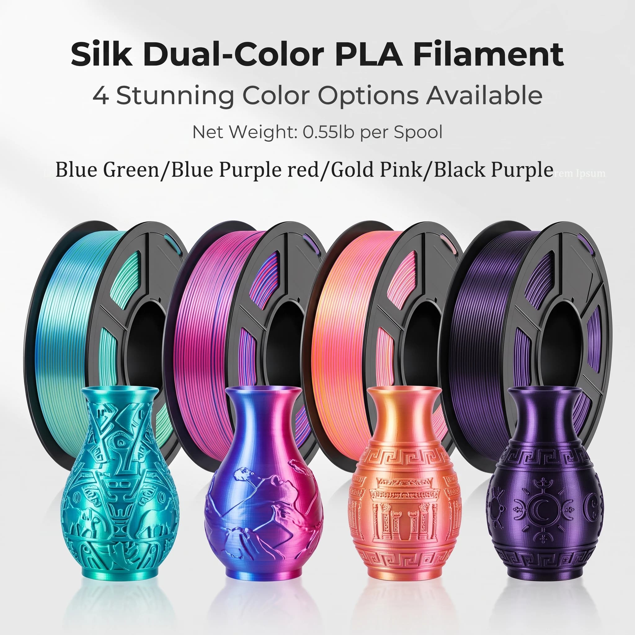 4 Pack Silk Dual Color PLA Filament 1.75mm 0.55lb Per Roll Metallic High Gloss Two Color 3D Printing Filament