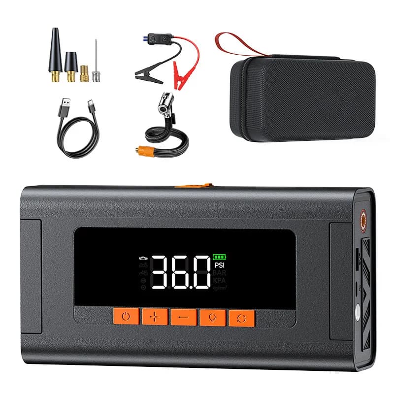 Avviatore di Emergenza per Auto 8000 mAh con Compressore d'Aria 12V, Luce LED, Powerbank e Splitter Auto