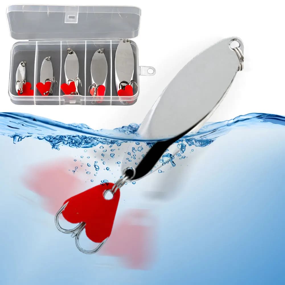 Set di 5 Esche Metalliche a Forma di Cucchiaio con Kit di Accessori per la Pesca, Esca Artificiale Rotante