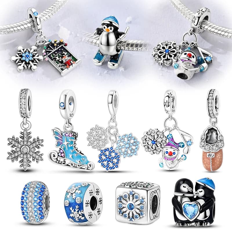 Ciondoli originali in argento sterling 925 con perline, fiocchi di neve, pinguino, pattini da ghiaccio, adatti per braccialetti da donna e ragazza, regalo di gioielli fai da te
