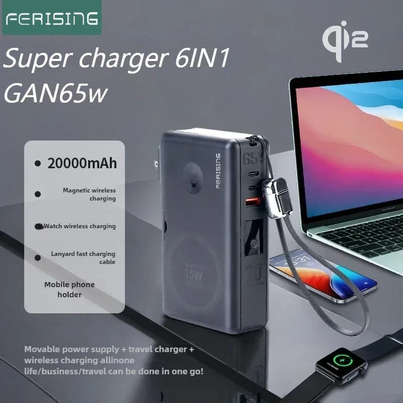 FERISING GaN 65W 6in1 Laptop Powerbank QI2 Wireless Magnetic Power Bank 20000mAh External Battery For iPhone Watch 6-9 Mackbook
