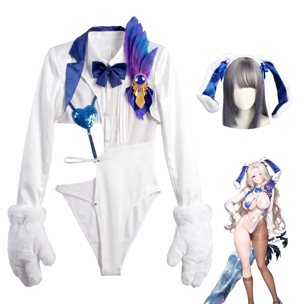 Costume Cosplay Brown Dust 2 Dalian Bunny Girl, Body Lingerie con Orecchie da Coniglio e Guanti a Zampa, Outfit Anime per Halloween
