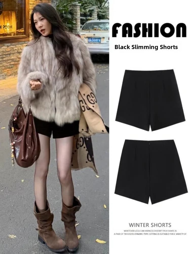 Pantaloncini Neri in Pile Felpato a Vita Alta da Donna, Nuovo Stile Primavera 2026, Pantaloni Modellanti Sottile Effetto Base Layer, Sexy Casual