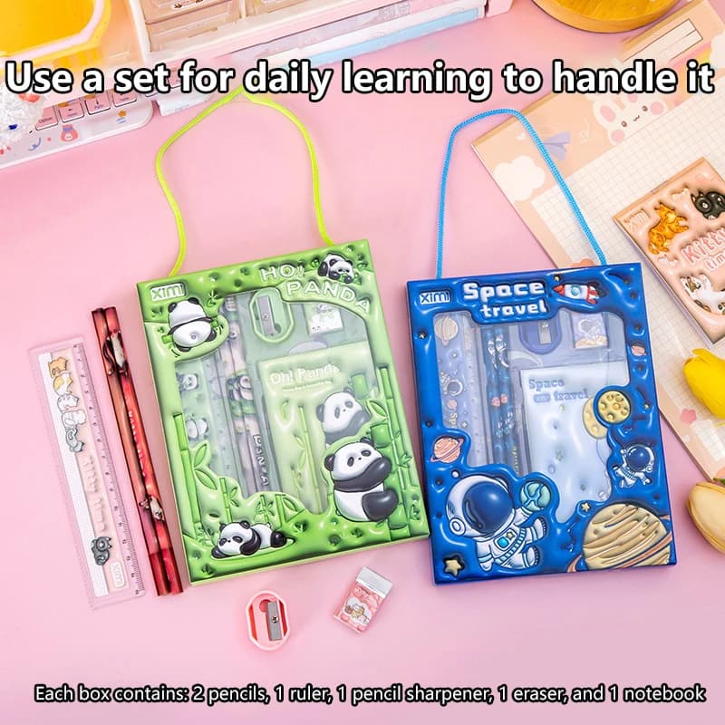 Set di cancelleria 6 in 1 per bambini, per il ritorno a scuola: penna gel, evidenziatore, penna a sfera, matita eterna, nastro adesivo, gomma, taglierino - Premio per bambini