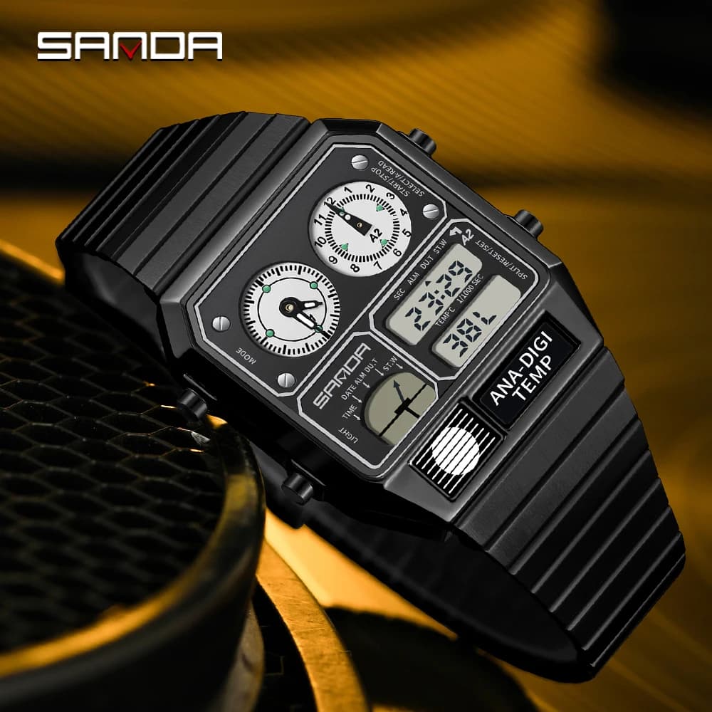 2024 New Sanda 3192 Led Electronic Square Youth Casual Count To Rovescia Multi-function Thermometer Chronometer Chronograph Watch