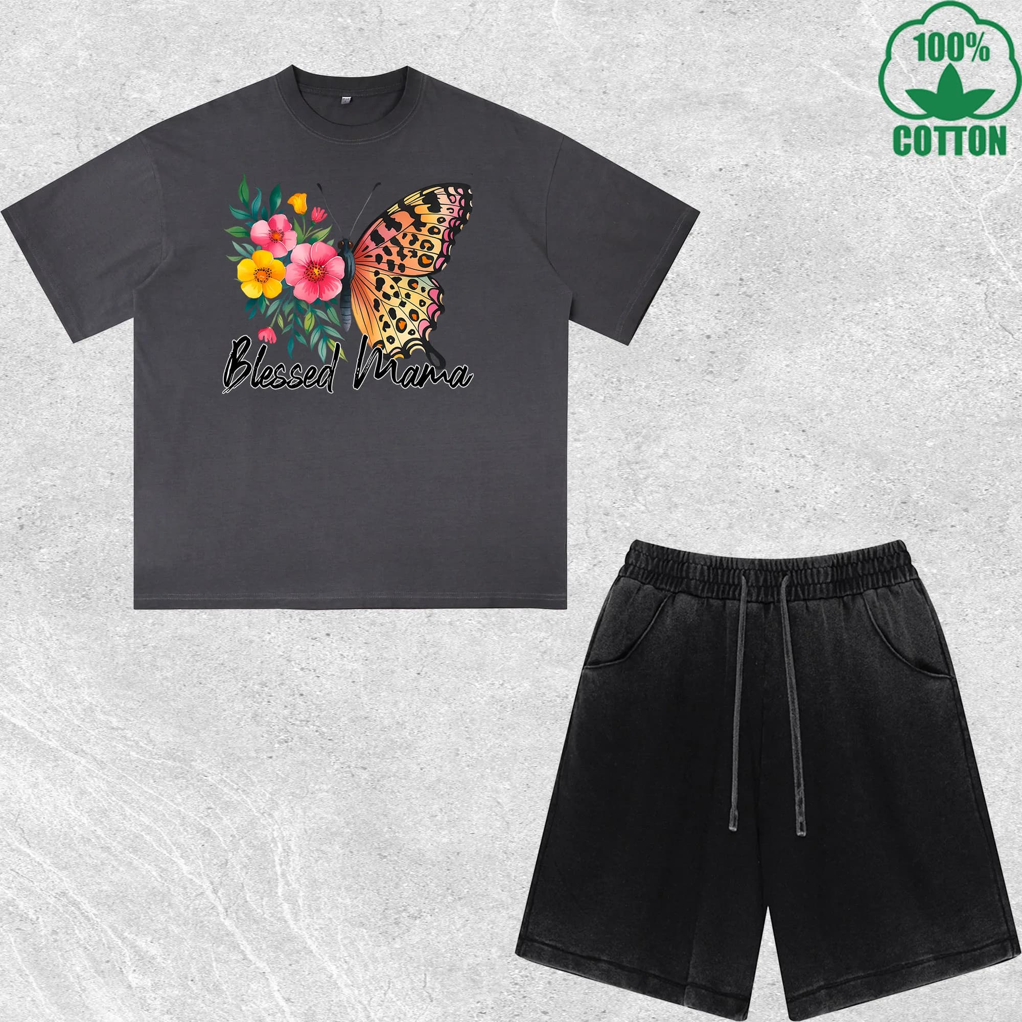 Set T-shirts and Shorts Printed Blessed Mama Delavé Effect, Wide fit, Trendy and Fashion, 100% Cotton, Convenience Pack