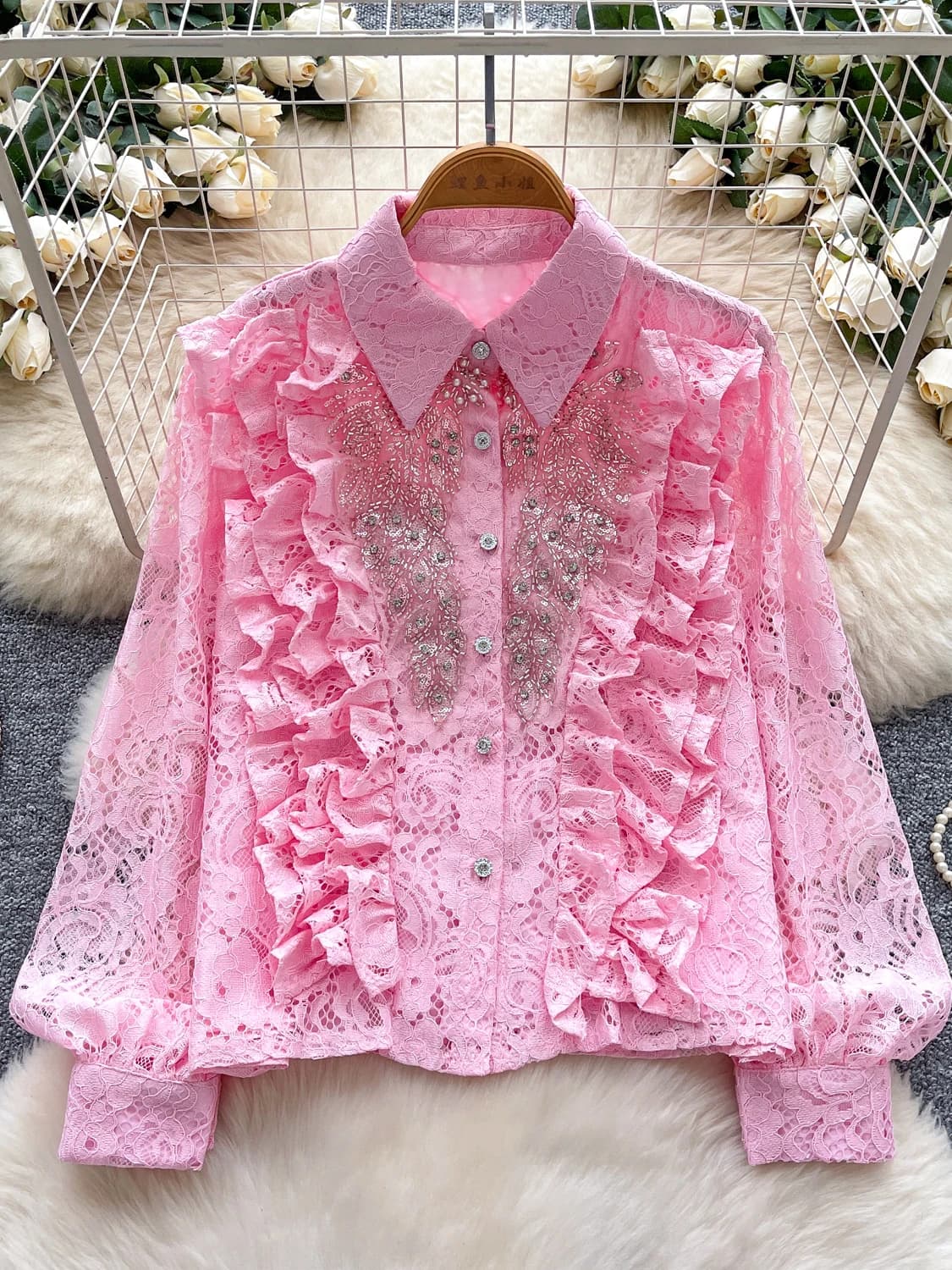 Embroidered Lace Long Sleeve Shirt Single Button Heavy Work Sequin Blouse Girls Fashion Spring Autumn Loose Fit Top