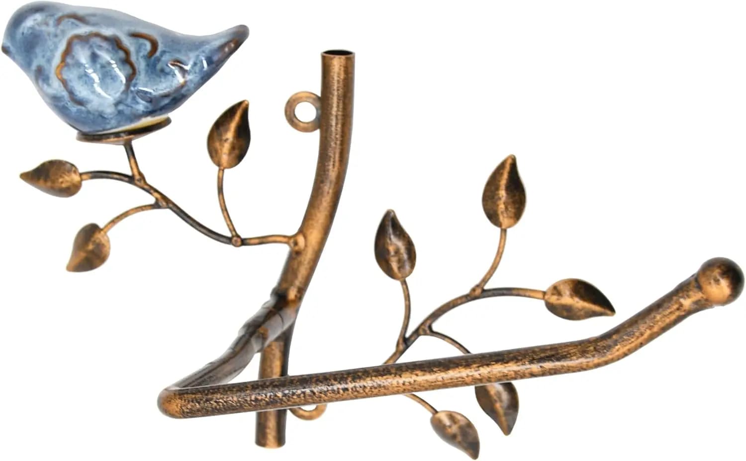 Portarotolo da parete in bronzo con uccellino in ceramica, organizer per rotoli da bagno