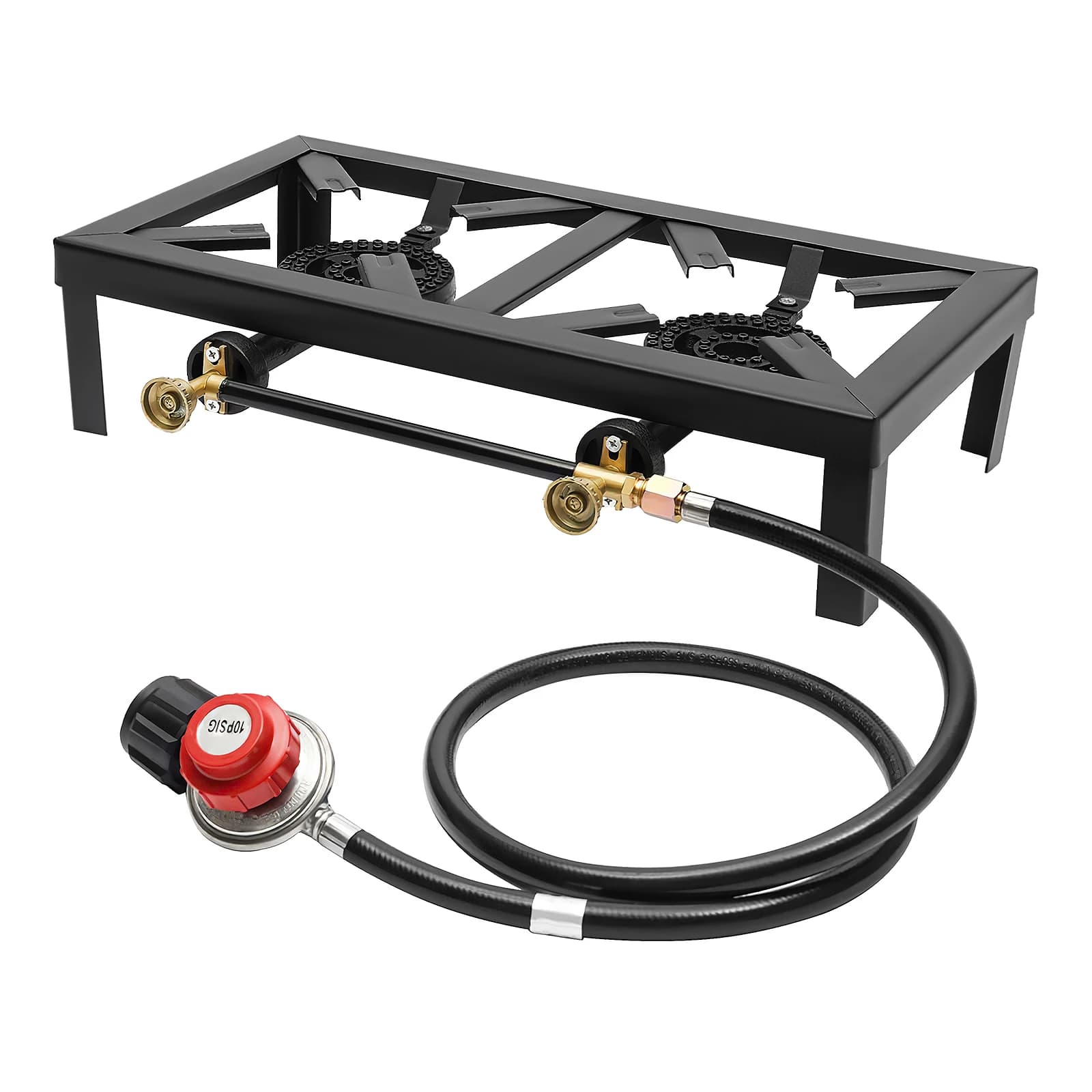 Fornello a gas da campeggio portatile Doppio bruciatore da esterno BBQ Picnic Camp Fornello a propano con tubo regolatore regolabile 0-10Psi