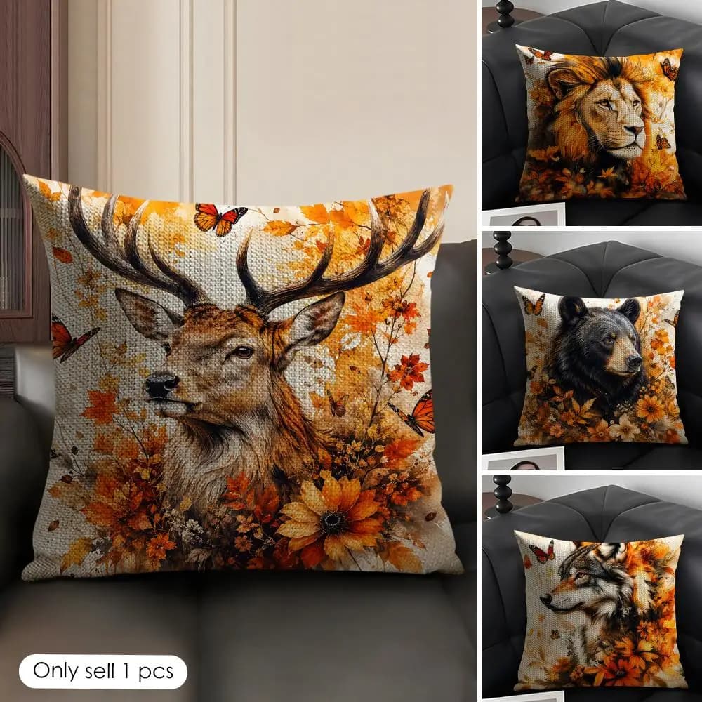 Lion Tiger Leopard Wolf Butterfly Cushion Cover Natural Linen Organic Fabric Double Sided Print Sofa Pillow Case Home Decor Gift