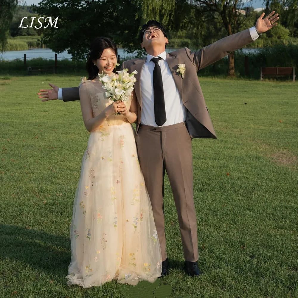 LISM Giallo A-Line Corea Abiti da sera Tulle di seta Stealthtzo Anelli Anelli Fata Abiti da sposa Abiti da sera Servizio fotografico Personalizzato