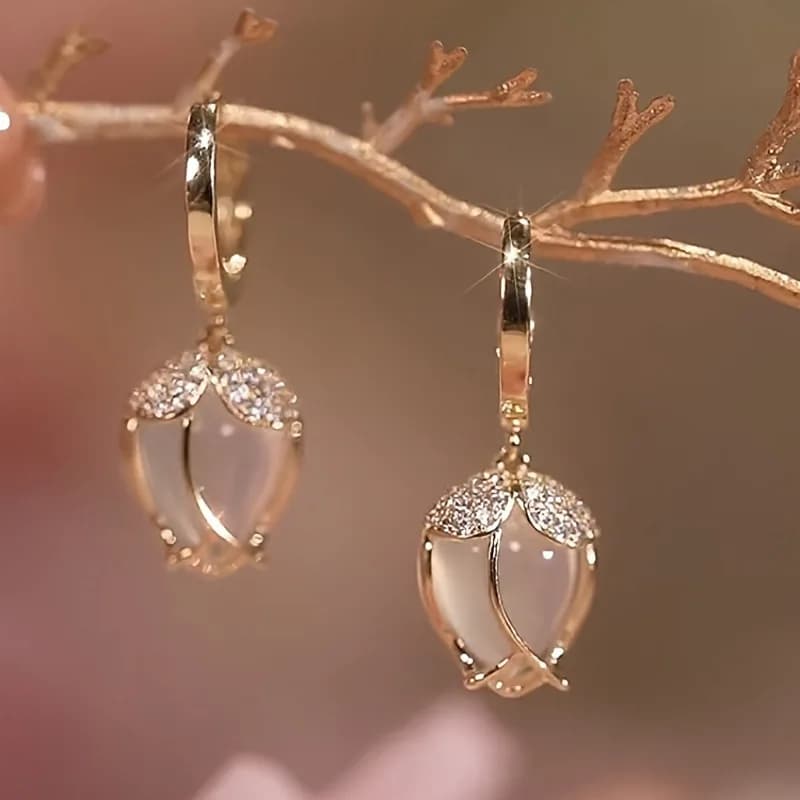 Opal Tulip Flower Earrings Versatile Women's Light Luxury Sweet Versatile Fashion Exquisite Commemorative Shining Gift