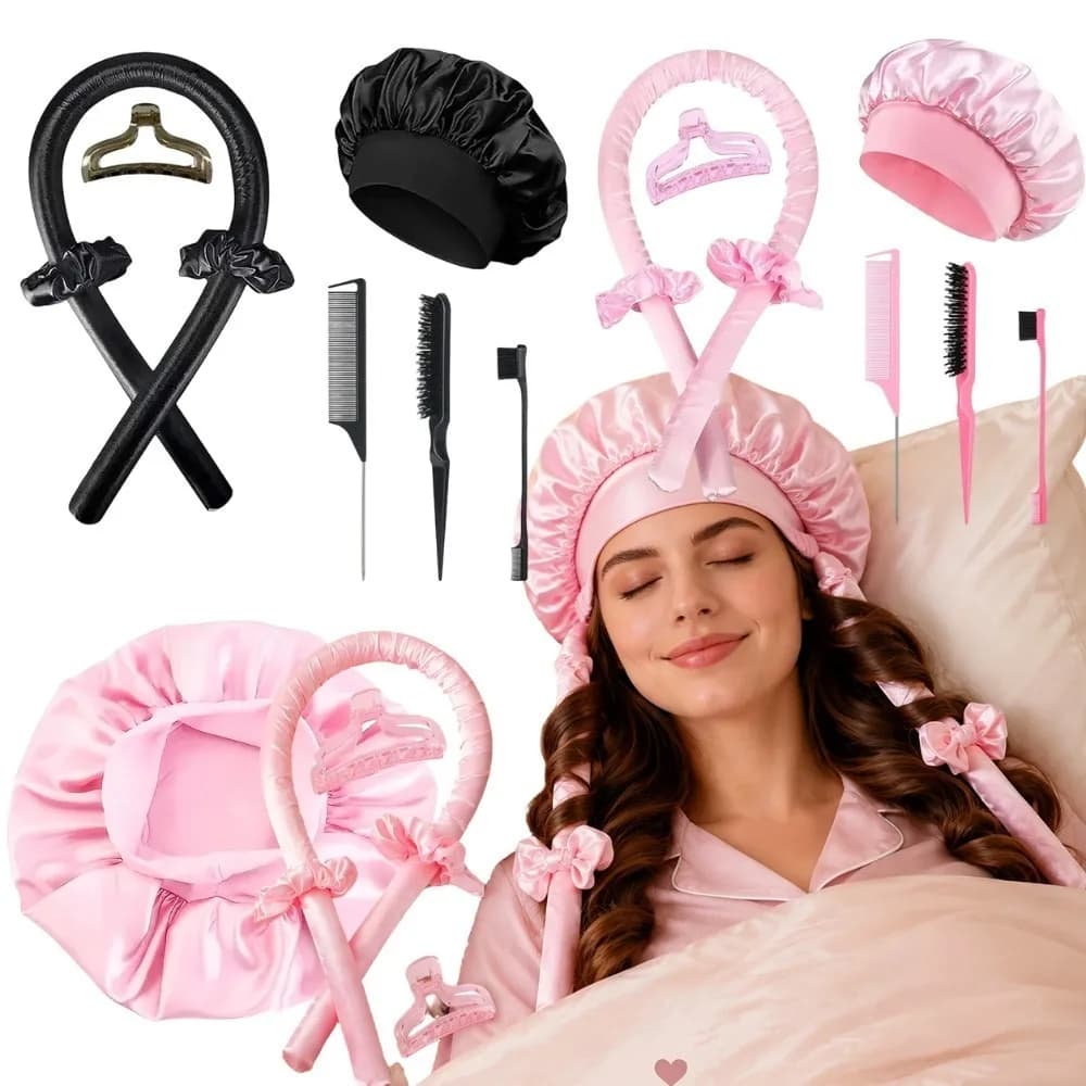 Set Arricciacapelli Senza Calore in Raso per Donne, Kit per lo Styling dei Capelli Durante la Notte, Arricciacapelli Senza Calore, Cuffia da Notte, Set di Clip e Elastici per Capelli, Regalo di Bellezza