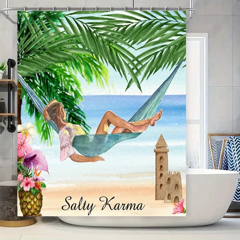 Tenda da doccia per paradiso tropicale Amaca Spiaggia Castello di sabbia Ananas Ibisco Rilassamento Spa Decor 180x245 cm
