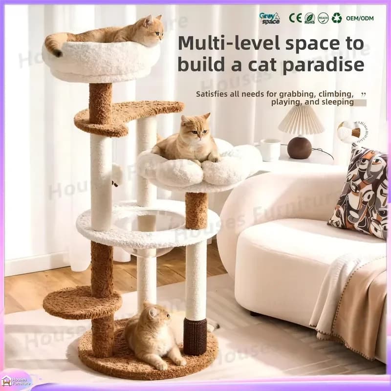 4-Tier Cat Tree Climbing Frame for Small Apartments Space Saving Wooden Cat Scratching Post with Jumping Platforms and