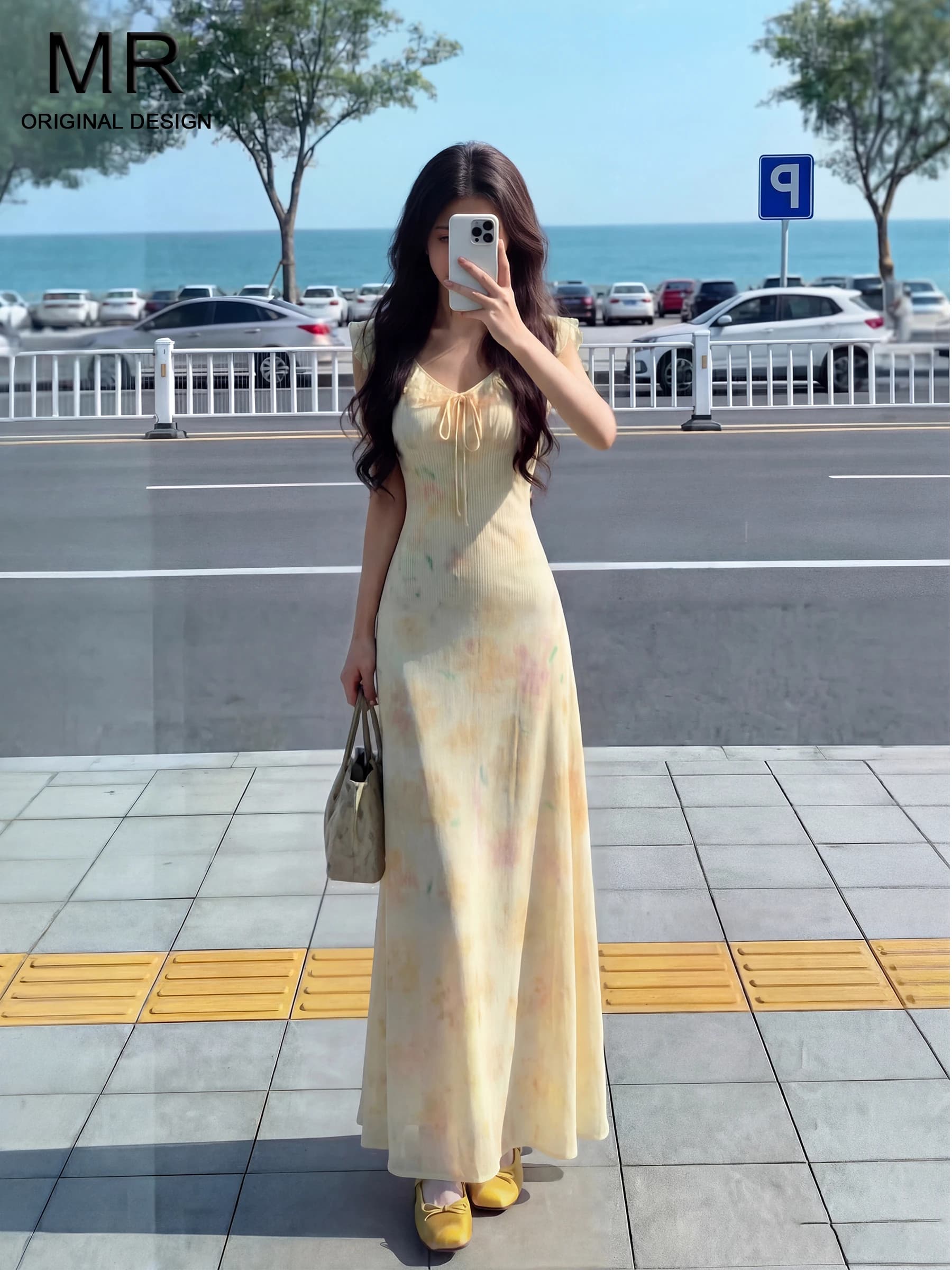 Elegant Floral Print Ruffle Hem V-Neck Dress Women's Slimming Long Skirt Summer Design High Waist Commute Style Polyester Fiber