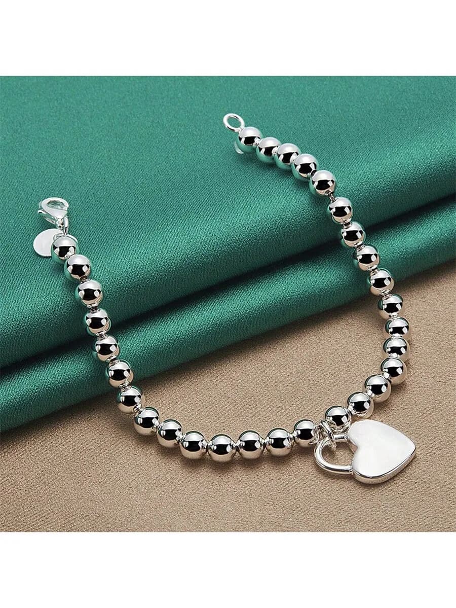 Bracciale con perline da 8 pollici placcato in argento 925 con ciondolo a forma di cuore, elegante gioiello da donna alla moda, regalo per la festa di Natale