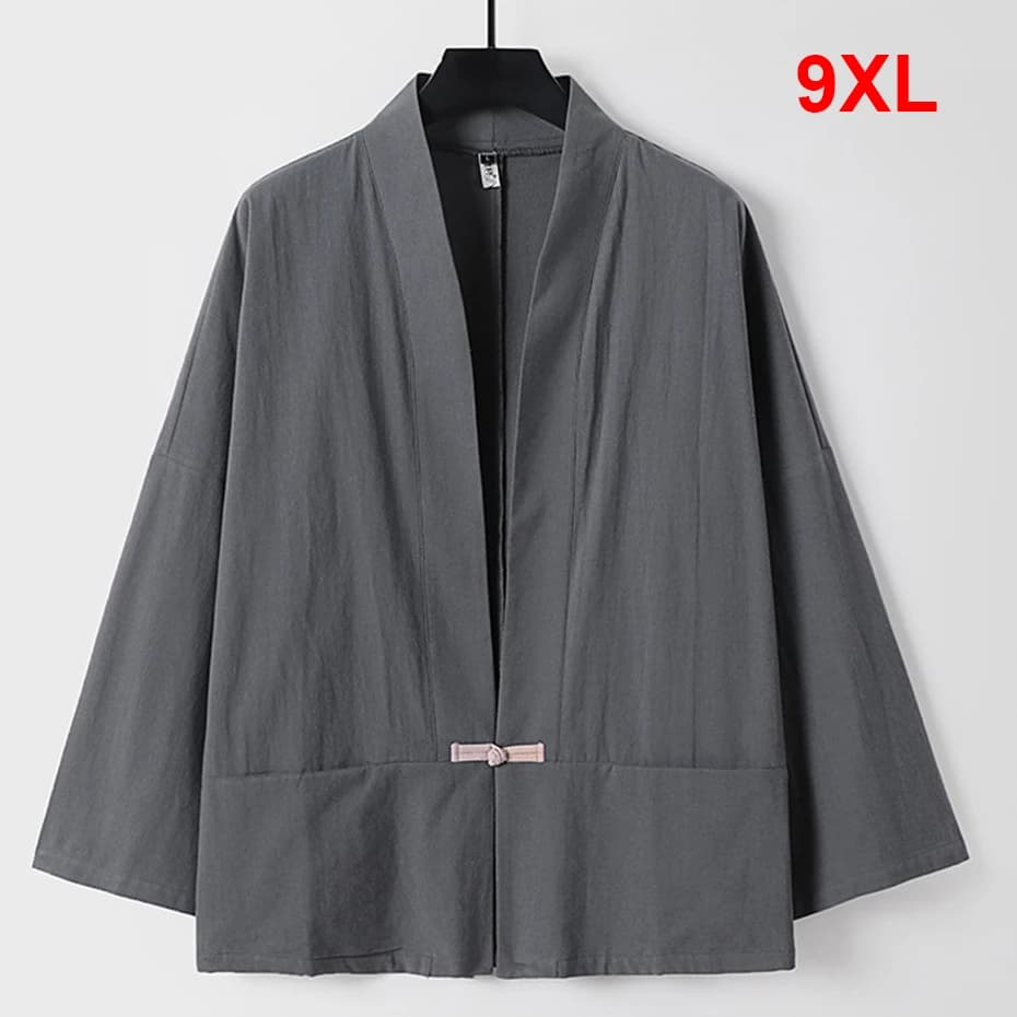 Linen Shirts Men 9XL Plus Size Kimono Shirts Summer Cardigan Jacket Fashion Casual Solid Color Shirts Big Size 9XL