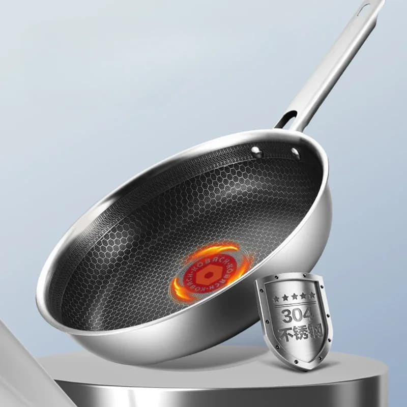 KBH 304 stainless steel flat bottomed double-sided honeycomb non stick wok Home steak frying pan kitchen cookware